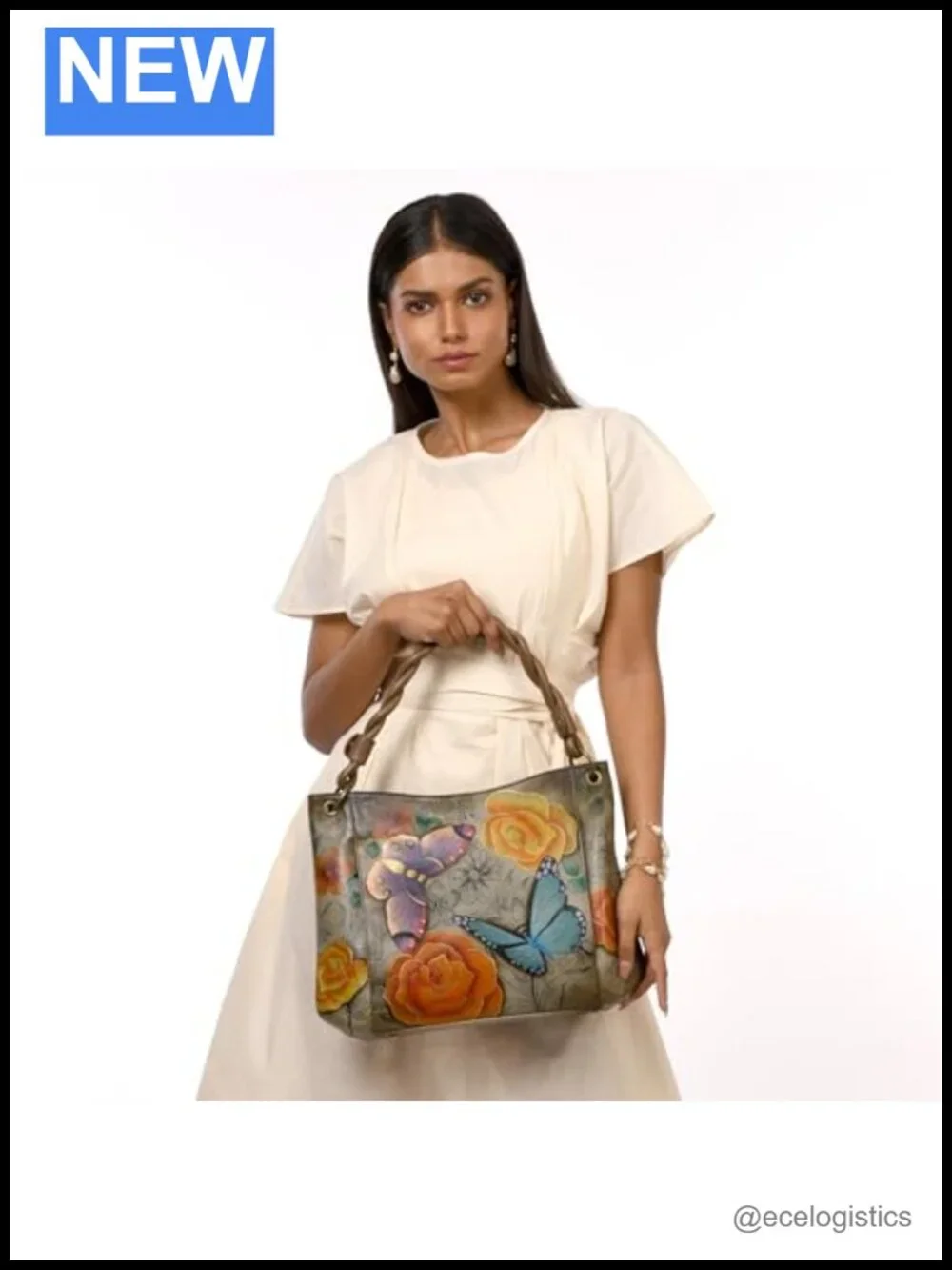 Handmade Leather Slim Shoulder Bag Satchel Purse - Floral Artwork